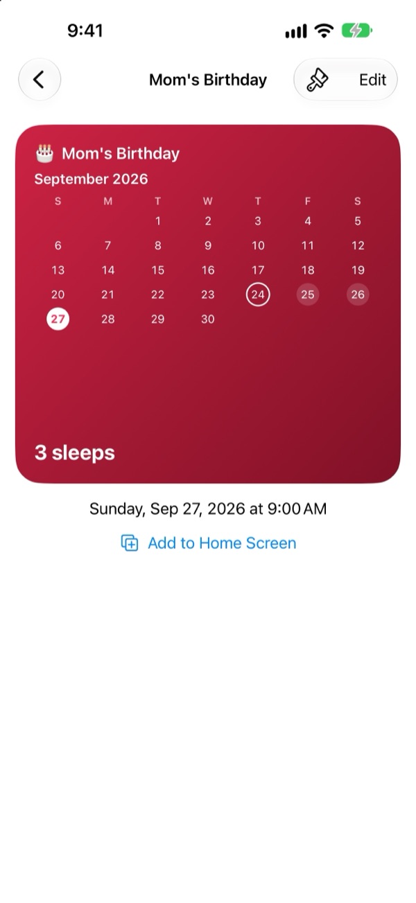 Birthday countdown in calendar style