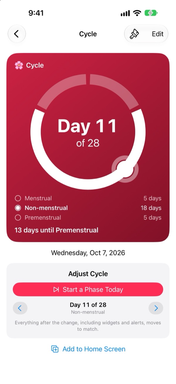A cycle countdown showing day 11 of 28 on a ring